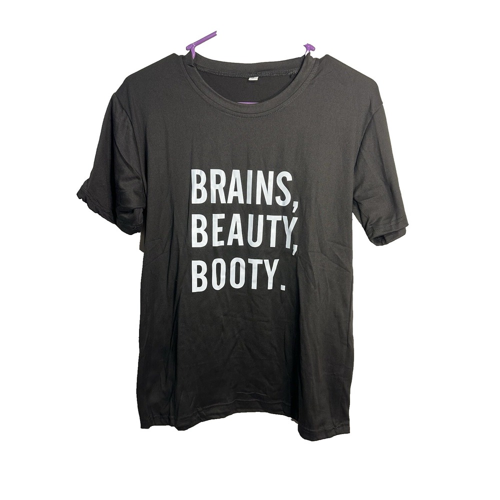 womens short sleeve black shirt size XL extra large BRAINS BEAUTY BOOTY‎